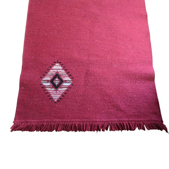 Hand Woven Reversible Red Multicolor Wool Rug with Diamond Pattern Fringed Edge - Picture 5 of 13